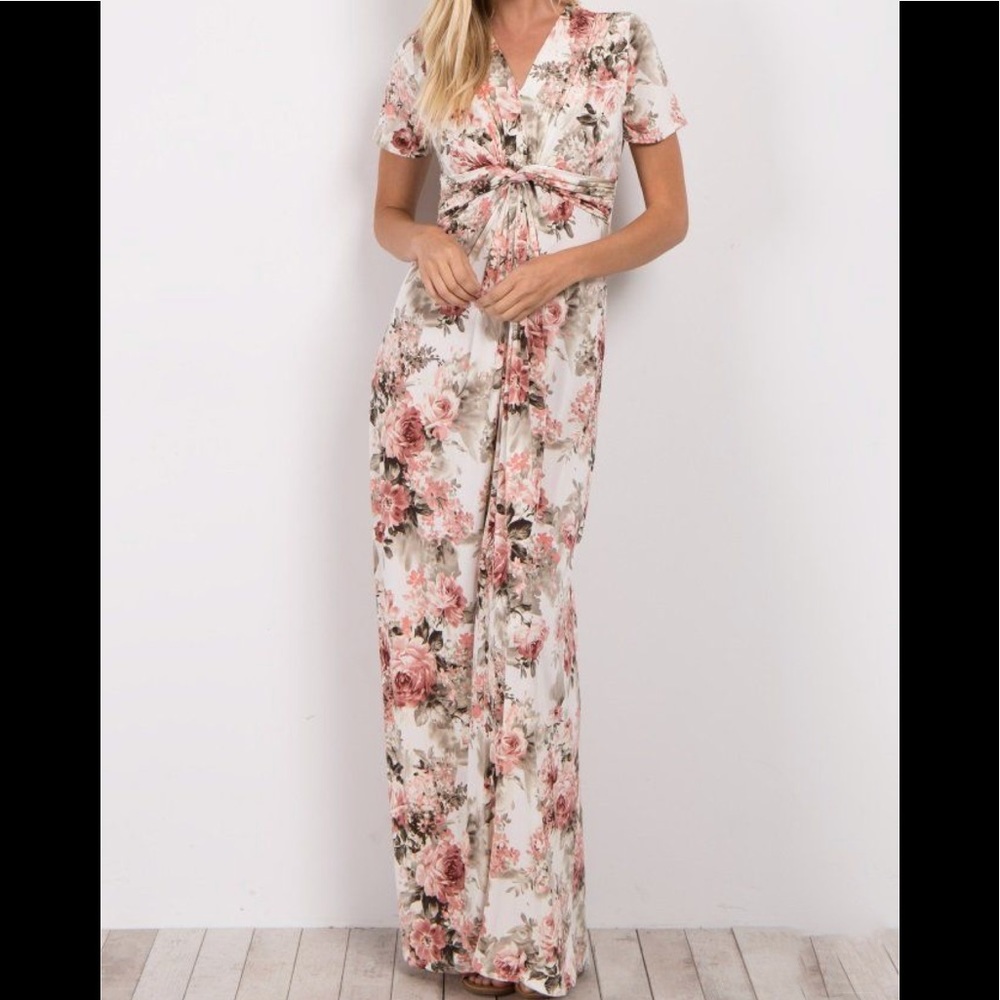 Pinkblush Ivory Floral Knot Front Maxi Dress